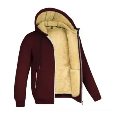 (wine red, 2XL) Lamb Velvet Autumn And Winter Sweater Men&apos;s Hooded Solid Color Jacket Plus 