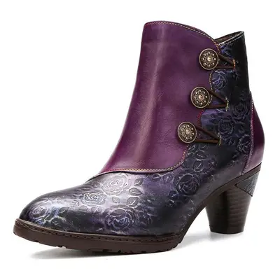 (purple, 40) Johnature Zip Winter Boots Women Shoes Genuine Leather Mixed Colors Retro Warm Plus