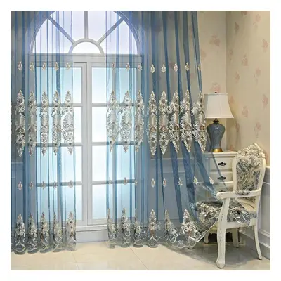 (blue, 250*270cm*2pcs) 2pcs Gold Blue Finished Curtain Jacquard Embroidery Window Screen Living 