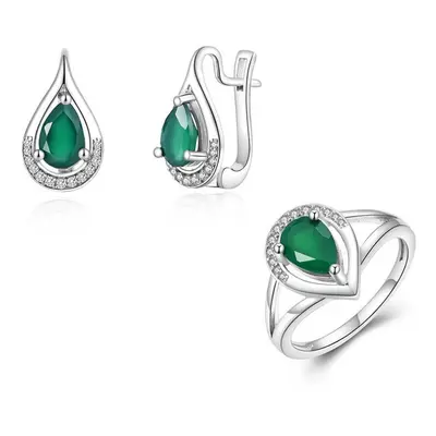 (green, US RING SIZE:9#) Light Luxury Ring & Earrings Set Sterling Silver Natural Green Agate Ge