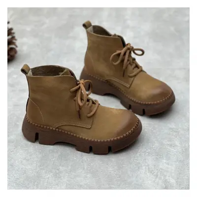 (khaki, 39) Johnature Vintage Handmade Genuine Leather Thick Sole Short Boots Round Toe Lace Up 