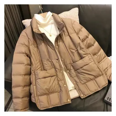 (khaki, S) Light Down Jacket Female Short Autumn Winter Loose Standing Collar White Duck Down Wa