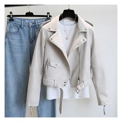 (beige, S) Spring Autumn Women Faux Leather Jacket Slim Streetwear Khaki Leather Coat Biker Moto