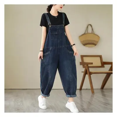 (blue, M) Autumn Women&apos;s Denim Jumpsuit Literary And Artistic Oversized Loose Slimming Susp