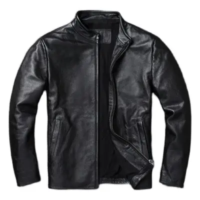 (black, 2XL) Chinese Size Black Brown Casual Mens Jackets Real Cowhide Genuine Leather Jacket Me