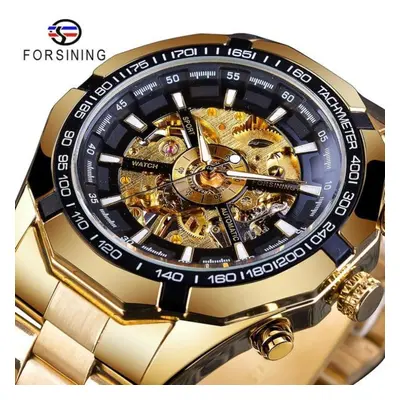 (gold) Forsining Stainless Steel Waterproof Mens Skeleton Watches Top Brand Luxury Transparent M