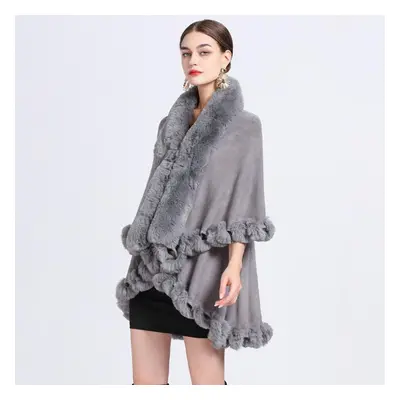 (gray, One Size) Winter Women&apos;s Cape Shawl Fur Collar Large Size Knitted Cardigan Loose Tem