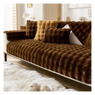 (dark brown, 90x240cm) Thicken Imitation Rabbit Fur Plush Sofa Slipcover Non-slip Soft Sofa Towe