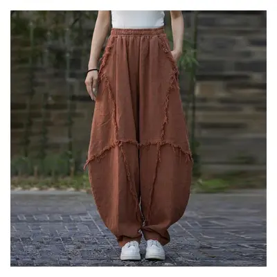 (coffee, One Size) Johnature Women Vintage Bloomers Pants Elastic Waist Solid Color Trousers Sum