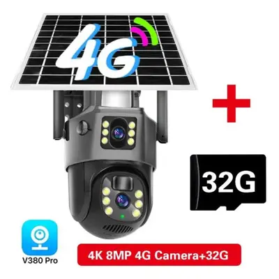 (4G Cam Add 32G) 4g Sim Outdoor Camera 8mp Wifi With Solar Panel V380 Double Lens Ai Auto Tracki