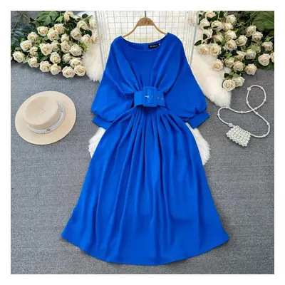 (blue, L) Luxury New Women Spring Summer O Neck Batwing Sleeve Belt Fashion Elegant Casual High 