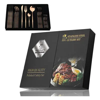 (rose gold, 24pcs + box) 24pcs Black Handle Golden Cutlery Set Stainless Steel Knife Fork Spoon 