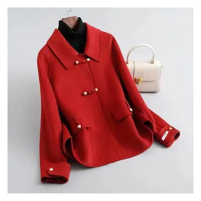 (red, XL) Short Double-sided Plush Woolen Coat, Loose Fit And Trendy Jacket For Petite Women In 