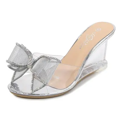 (silver, 35) Women&apos;s Slanted Heel Sandals New Sexy Crystal Transparent High Heels Roman Dou