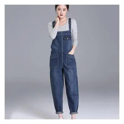 (dark blue, XXXXL) Fashion Loose Pocket Jeans Women Autumn Bib Pants Overalls Shoulder Strap Jum