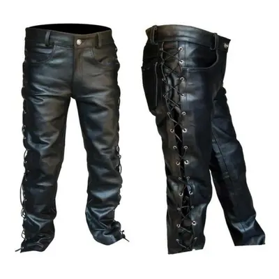 (black, L) Men&apos;s Pu Leather Pants Black Motorcycle Rock Tights Oversized Strapping Motorcyc