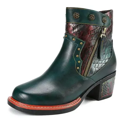 (green, 39) Johnature Vintage Thick Heeled Women&apos;s Boots Genuine Leather Shoes Hand-painted