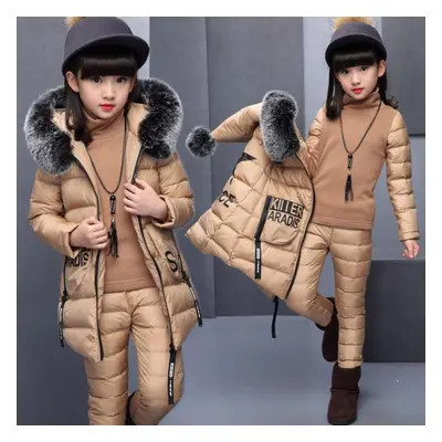 (tan, 150) Girls Clothing Set Winter Children Stars Hoodie Outerwear Outfits Kids Toddler Warm C