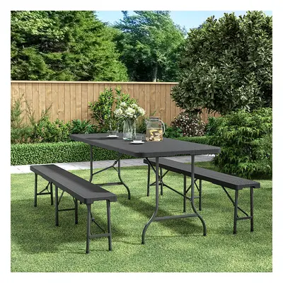 3pcs Rattan Plastic Outdoor Folding Table Bench Set Black