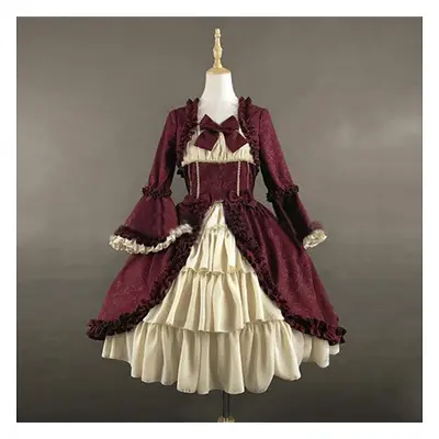 (wine red, M) S-5xl Women&apos;s Medieval Retro Gothic Court Dress Square Neck Waist Panel Bow D