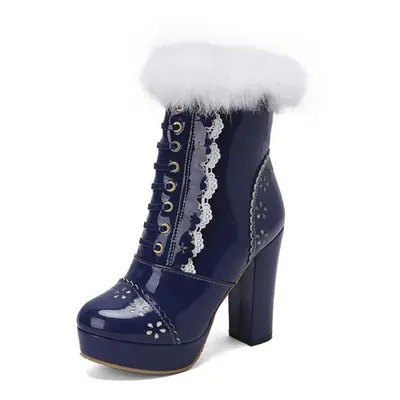 (blue, 40) Women Ankle Boots Round Toe Platform Thick High Heels Zipper Short Boot Ladies Fashio