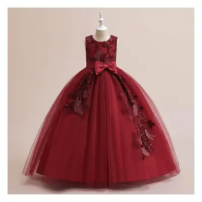 (dark red, (11T-12T)) Formal Summer Evening Party Princess Dresses For Girl Bow Bridesmaid Gown 