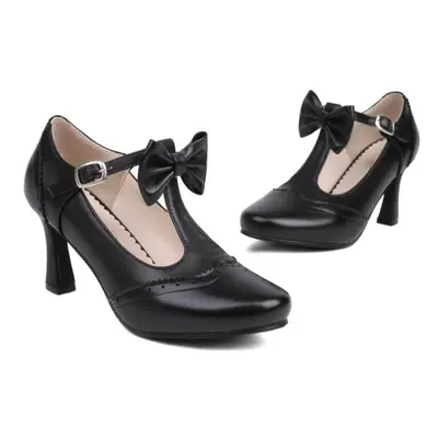 (black, 42) Women Pu Leather Pumps Thin High Heels Round Toe T-tied Bow Sexy Party Spring Autumn