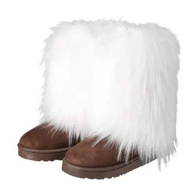 (white, 36) Women&apos;s New Winter Fur One-piece Imitation Raccoon Fur Warm Snow Boots Furry Sh