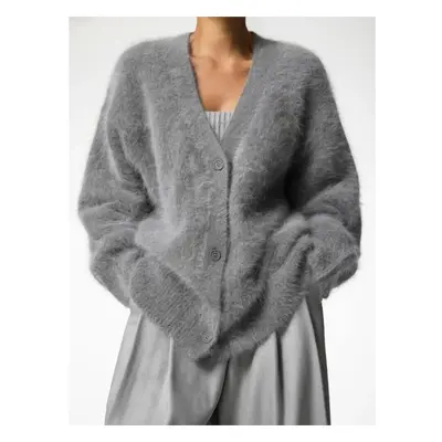 (grey, L) Fashion New Knitted Angola Cardigan Women Luxe Mink Oversized Soft V-neck Long Sleeve 