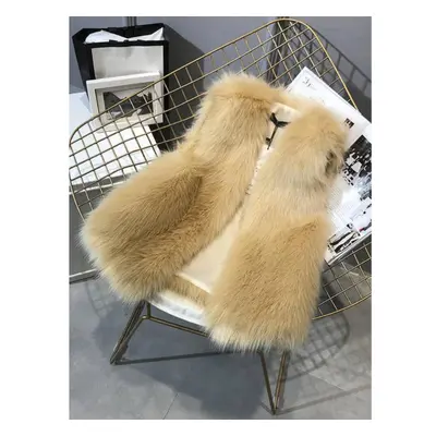 (beige, L) Women Fur Vest Autumn Winter Imitation Fox Fur Coat Female Street Casual Sleeveless W