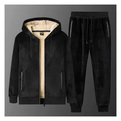 (black, 5XL) Winter Men Sets Velvet Warm Thick Tracksuit Male Hooded Fleece Casual Jacket + Pant