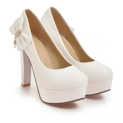 (white, 38) Women Pu Leather Pumps Platform Super High Hoof Heels Round Toe Bow Sweet Party Spri