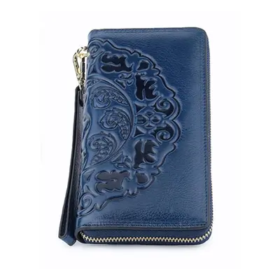 (blue) Luxurious Women Wallet 100% Genuine Oil Waxing Leather Flower Large Capacity Long Ladies 