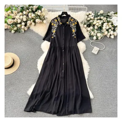 (black, One Size) Women Vintage Embroidery Pleated Single Breasted A-line Dresses Lapel Half Sle