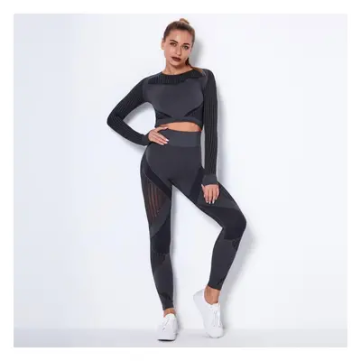 (dark grey, L) Women&apos;s Seamless Mesh Hole Fast Drying O Neck Long Sleeve Stripe Fitness Pan