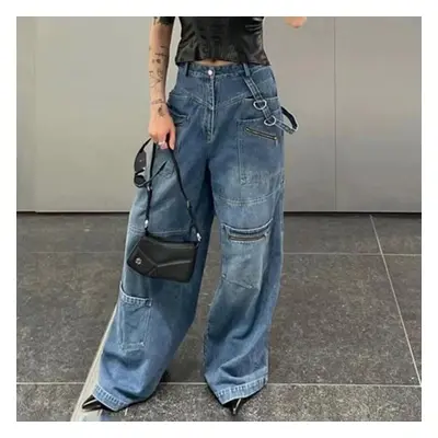 (blue, M) Autumn High Waist Denim Multi Pocket Zipperwide Leg Harajuku Streetwear Vintage Jeans 