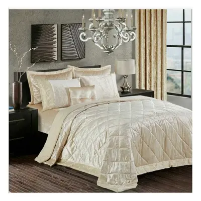 (Beige , Double) Luxury Crushed Santiago Velvet Bedspread Quilted Comforter Bed Throw Bedding Se