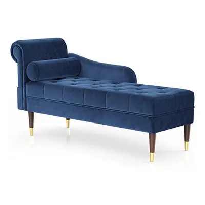 (Blue) Velvet Chaise Longue with Armrest & Lumbar Pillow