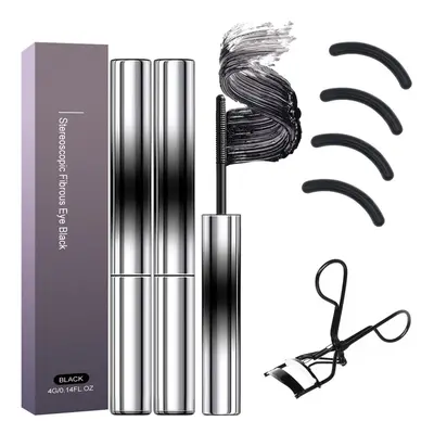 3PCS 3D Curling Iron Mascara Kit, Waterproof Bristleless Metal Mascara with Eyelash Curler