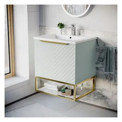 Nes Home 600mm Wall Hung Green Drawers Basin Vanity Brushed Brass Frame & Handle