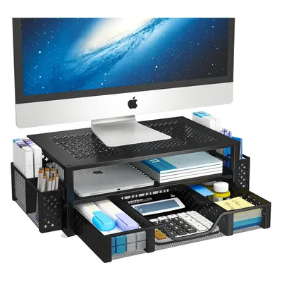 (Black) Tier Metal Monitor Stand Monitor riser and Computer Desk Organizer with Drawer and Pen H