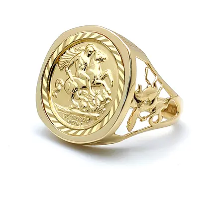 (Z) Jewelco London Men's Solid 9ct Gold Dragon Slayer St George & Dragon Medallion Ring (Half So