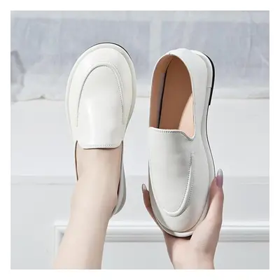 (white, 36) Loafers Women Spring Round Toe One Foot Slip-on Shoes Women Genuine Leather Soft Fla