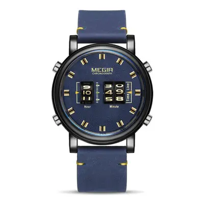 (blue) Megir New Fashion Mens Watches With Leather Strap Top Brand Luxury Sports Quartz Watch Me