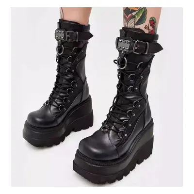 (black, 38) Women High Boots Cosplay Mid-calf Boots High Platform Wedges Boots Autumn Winter New