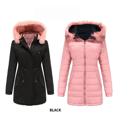 (black, L) Autumn Winter Women Reversible Detachable Fur Collar Detachable Hat Quilted Warm Park