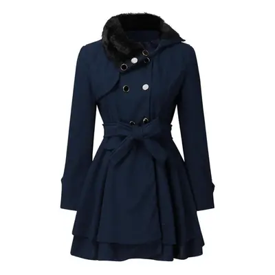 (navy blue, XXXXL) Women Wool Coat Dress Jacket Slim Windbreaker Sexy Long Woolen Trench Belted 