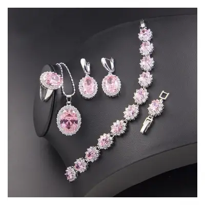 (pink, 6) Ring Earrings Necklace Bracelet Silver Jewelry Set Oval Shape Zircon Gemstone Accessor