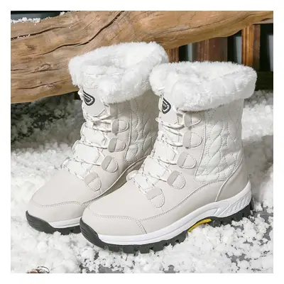 (beige, 42) Tuinanle Women Snow Boots Waterproof Non-slip Warm Winter Boots Thick Fur Platform S