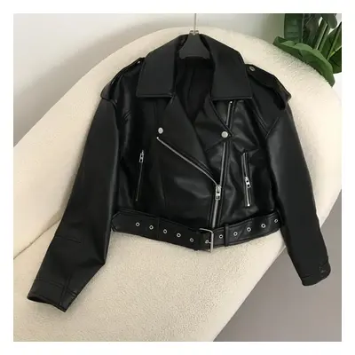 (black, S) Oftbuy Women Vintage Loose Pu Faux Leather Short Jacket With Belt Streetwear Female Z